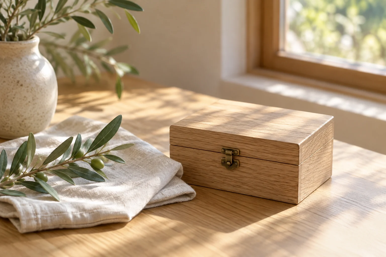 柔らかな光の中に置かれた木の小箱とオリーブの枝