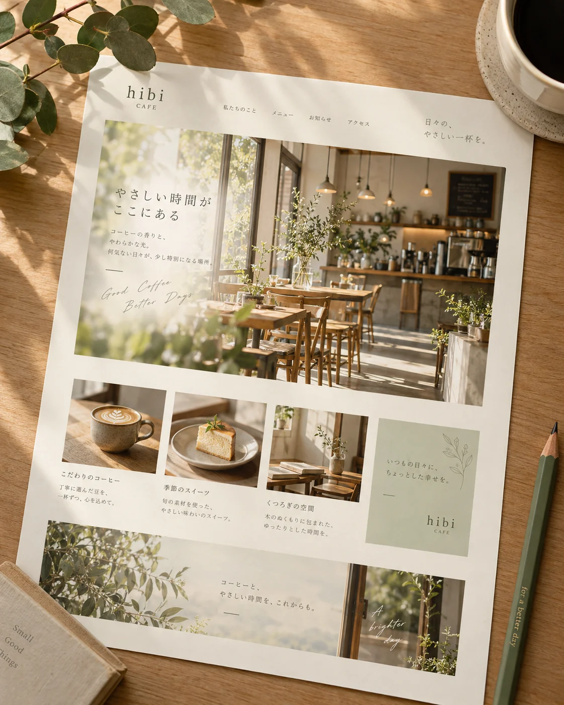 木の机に置かれたカフェのホームページ完成イメージ