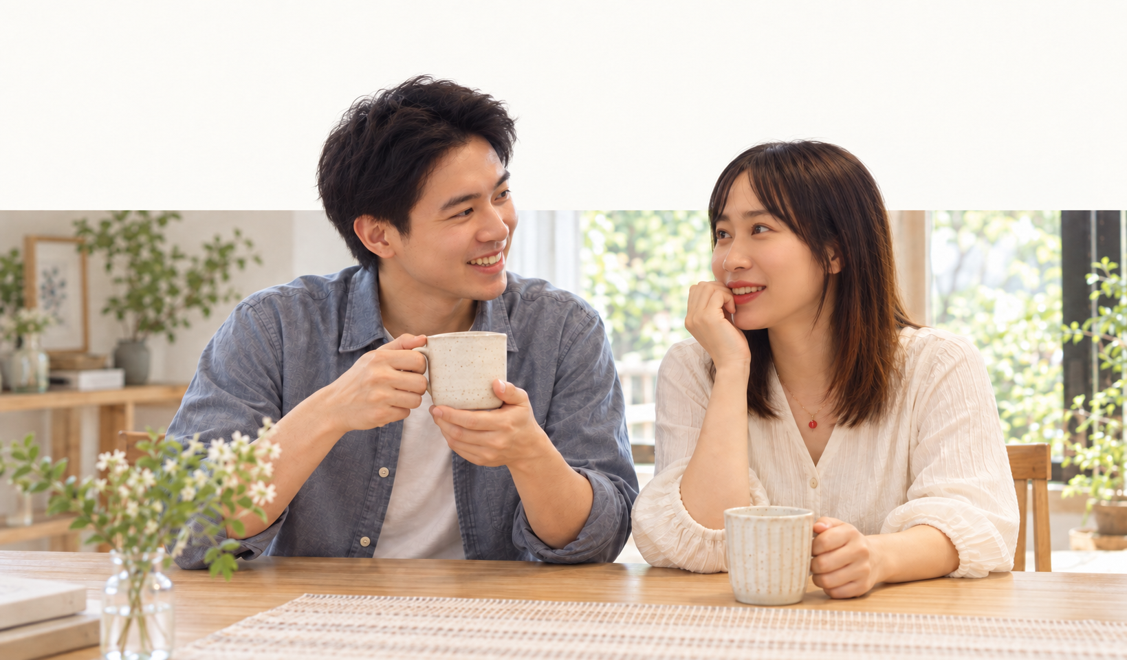 向かい合って過ごす柚木良孔と柚木麻のイメージ写真